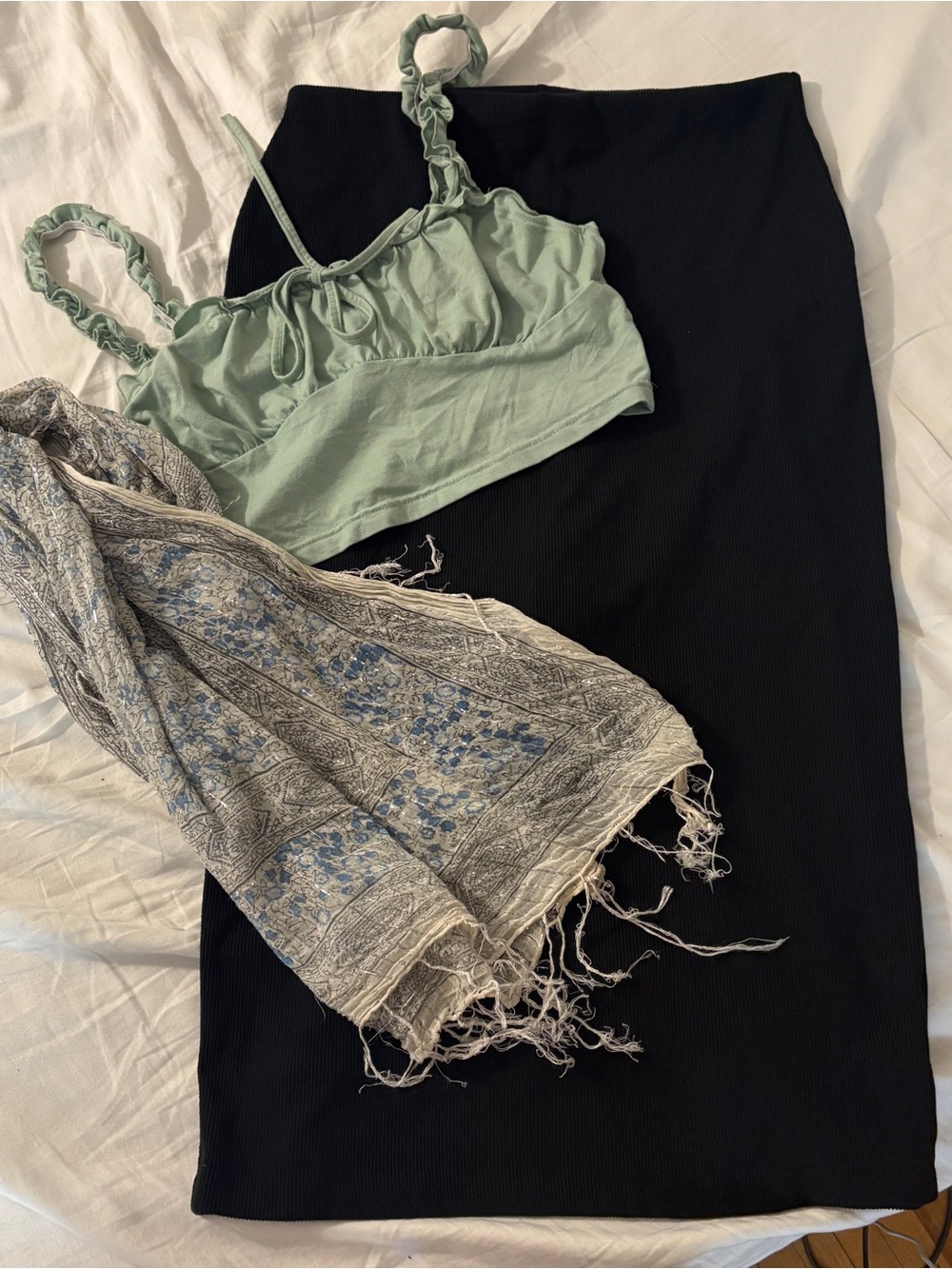 Size Large Outfit Bundle — Midi Skirt, Milkmaid Top and Sparkly Fringe Scarf